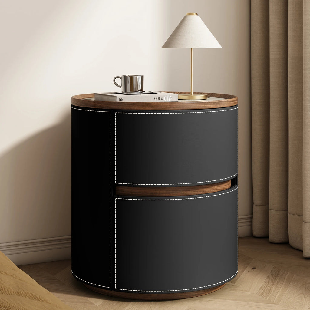 La table de chevet Drum — Cuir et marbre
