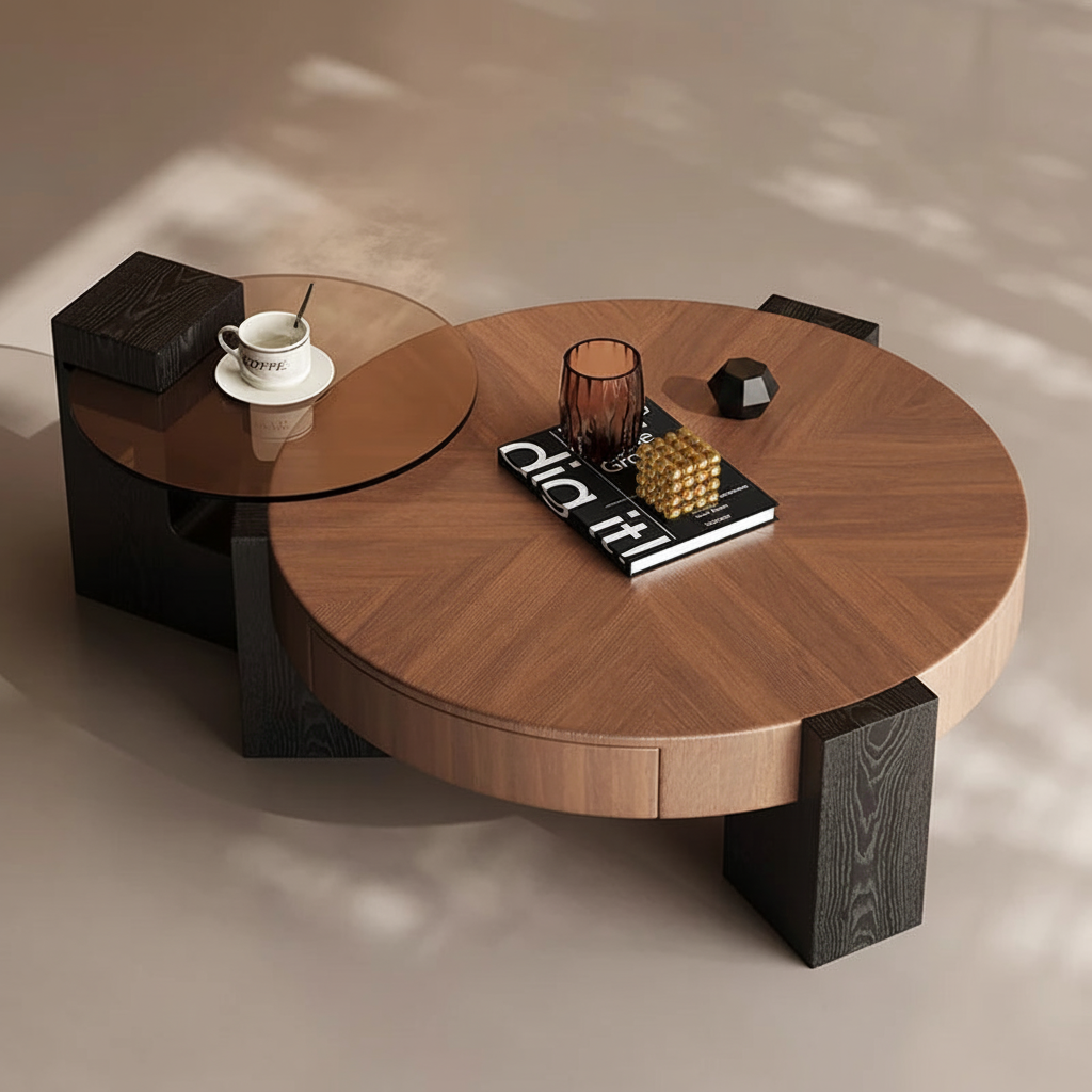 The Orbit Coffee Table — Walnut Duo, top-down detalle