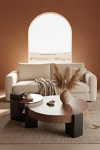 The Orbit Coffee Table — Walnut Duo, living room lifestyle