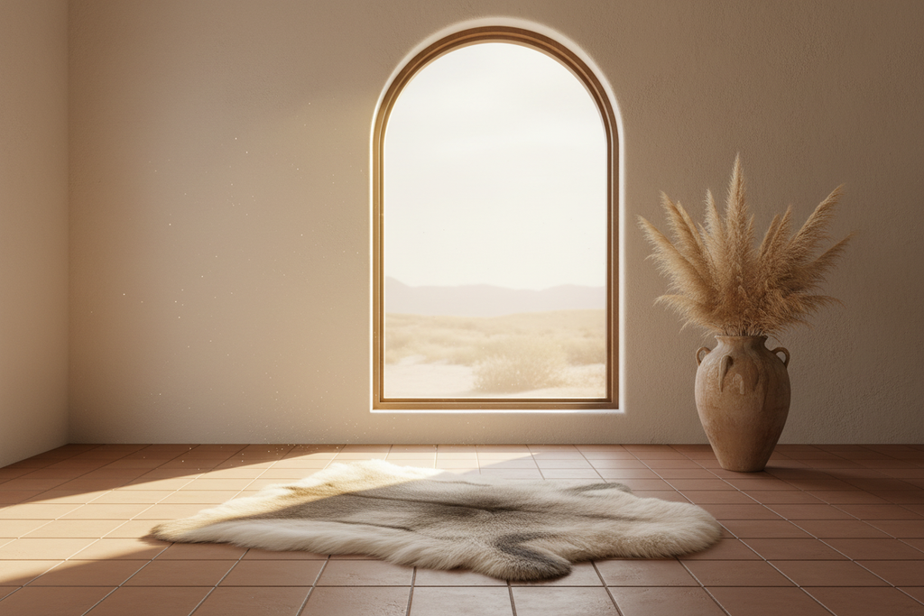 Ivory Fur Rug — vignette con pampas