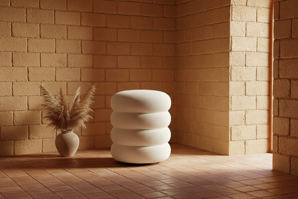 The Stacked Ottoman — Frontal golden hour, Oasiis editorial