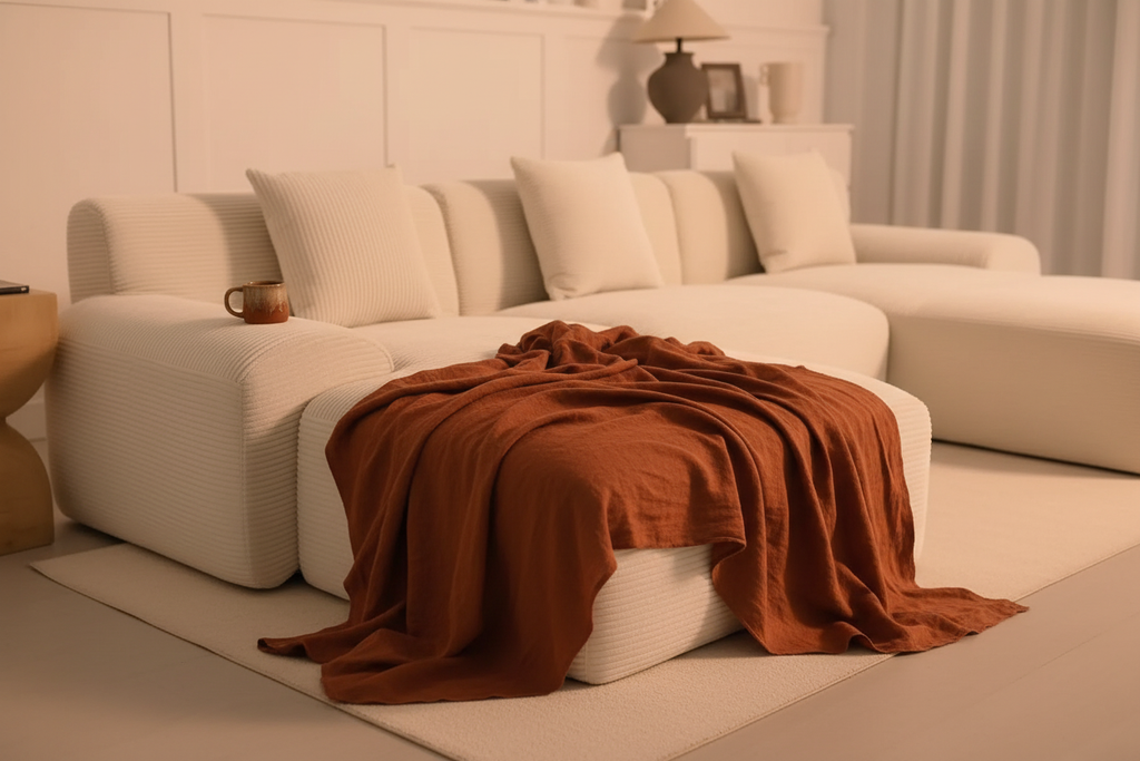 Rincón íntimo chaise — throw rust cream