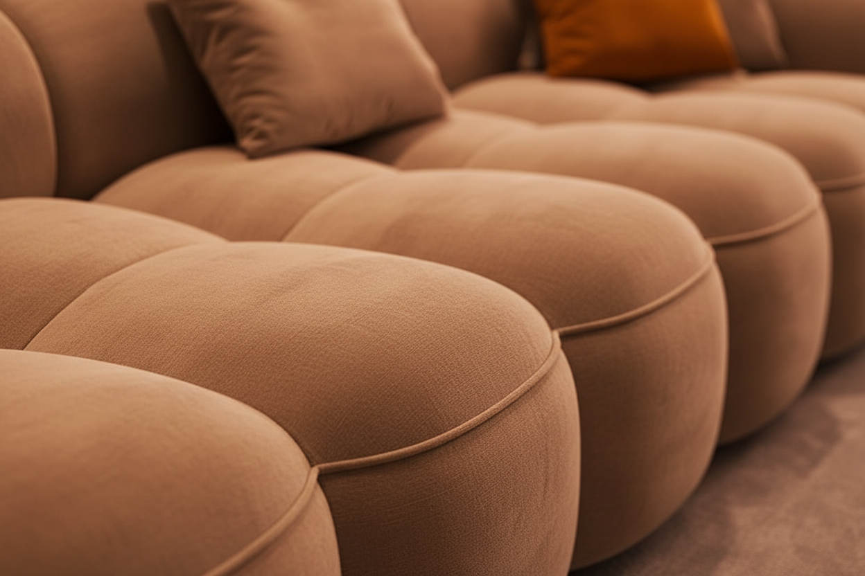 Detalle tela bubble — textura camel premium