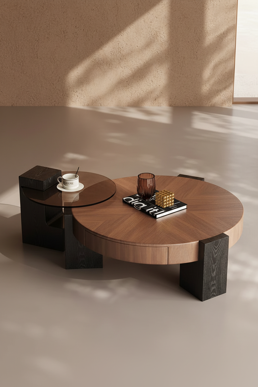 The Orbit Coffee Table — Walnut Duo, perfil lateral