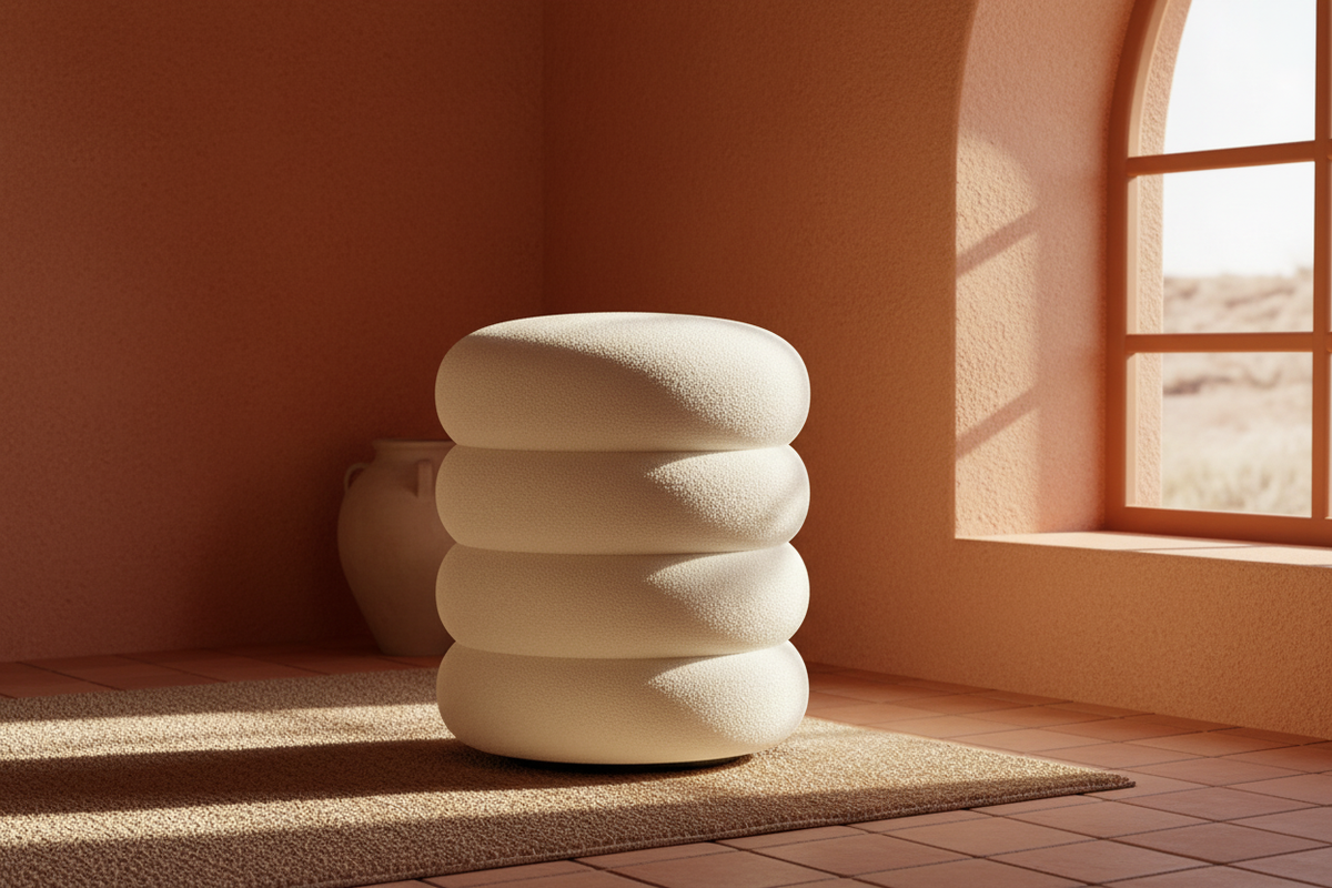 The Stacked Ottoman — Low angle, Oasiis adobe room