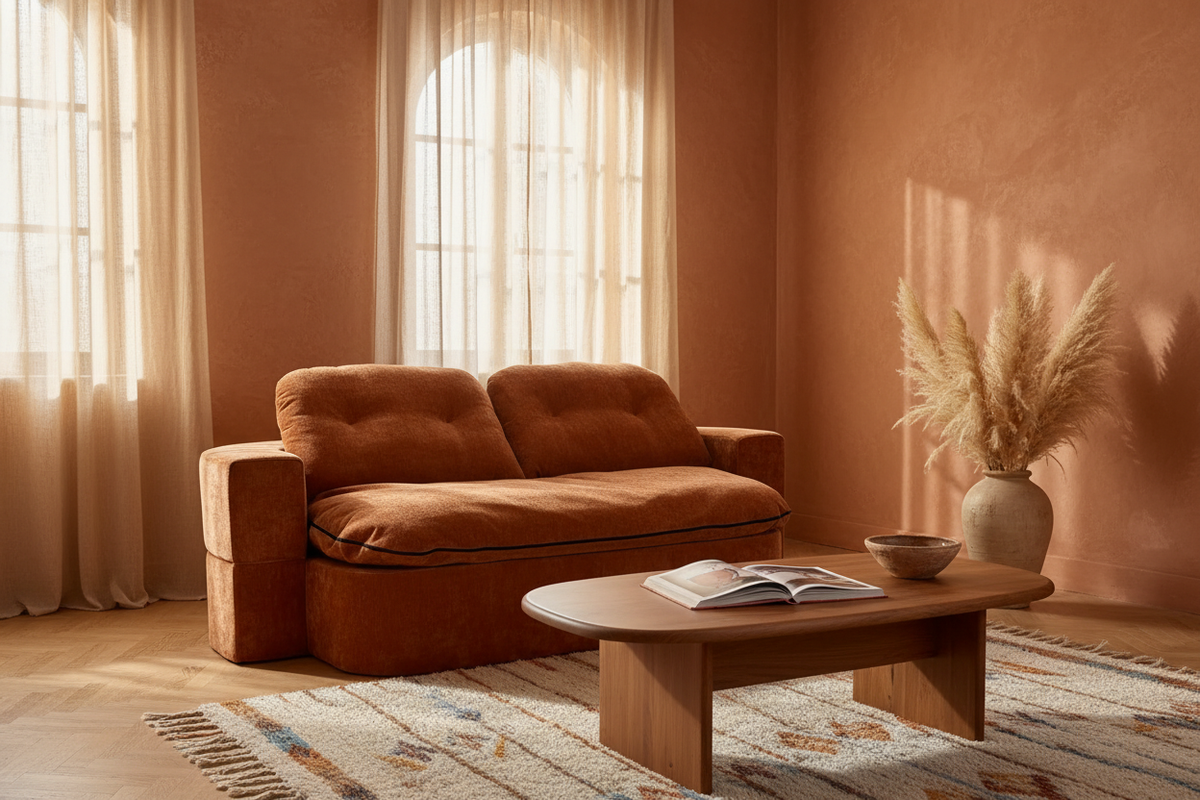 The European Sofa — Velvet en espacio Oasiis, escena completa, luz mediterránea