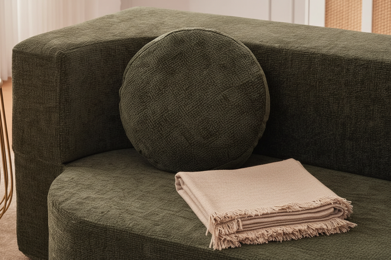 Detalle cojín bolster — textura y complemento