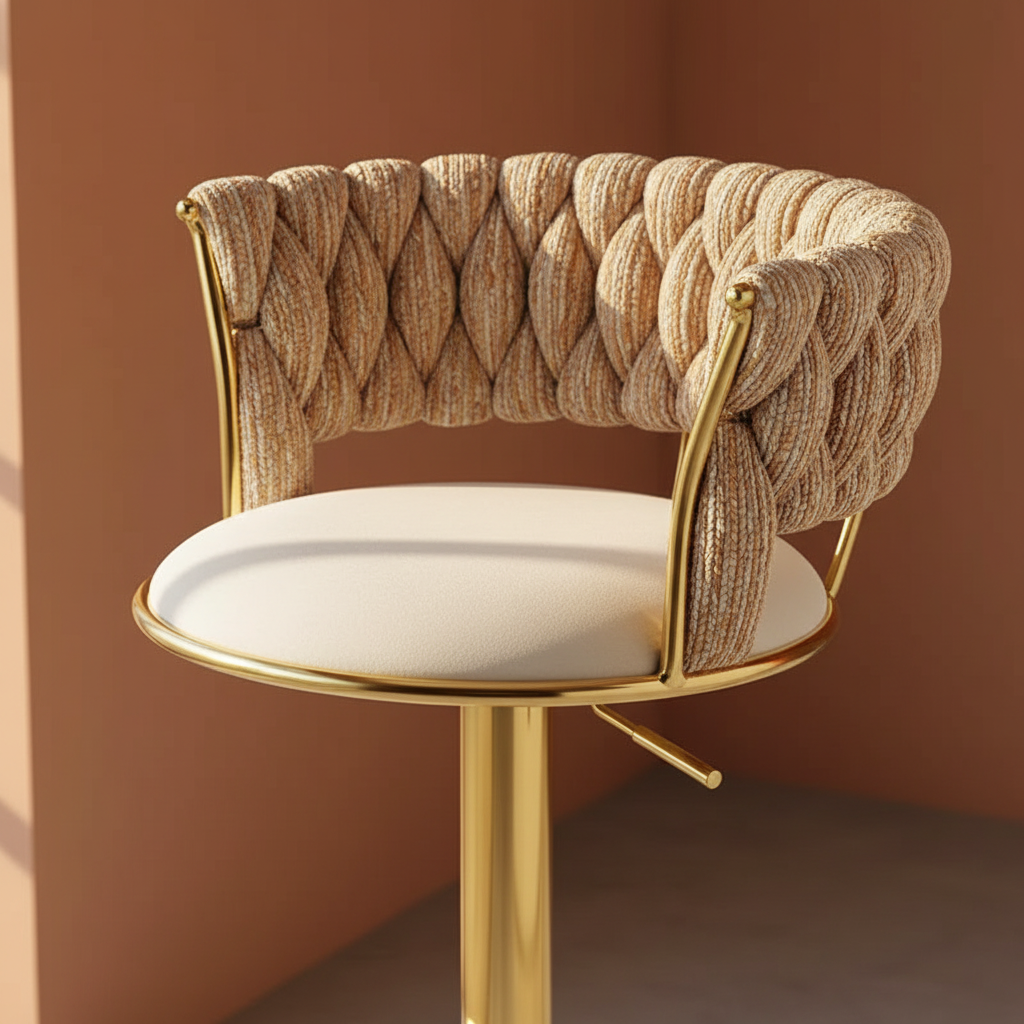Woven Bar Stool — close-up textura y base dorada