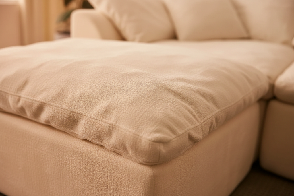 Detalle tela ivory — textura plush premium