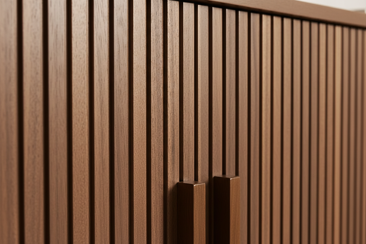 Detalle ribbed walnut — textura acanalada premium
