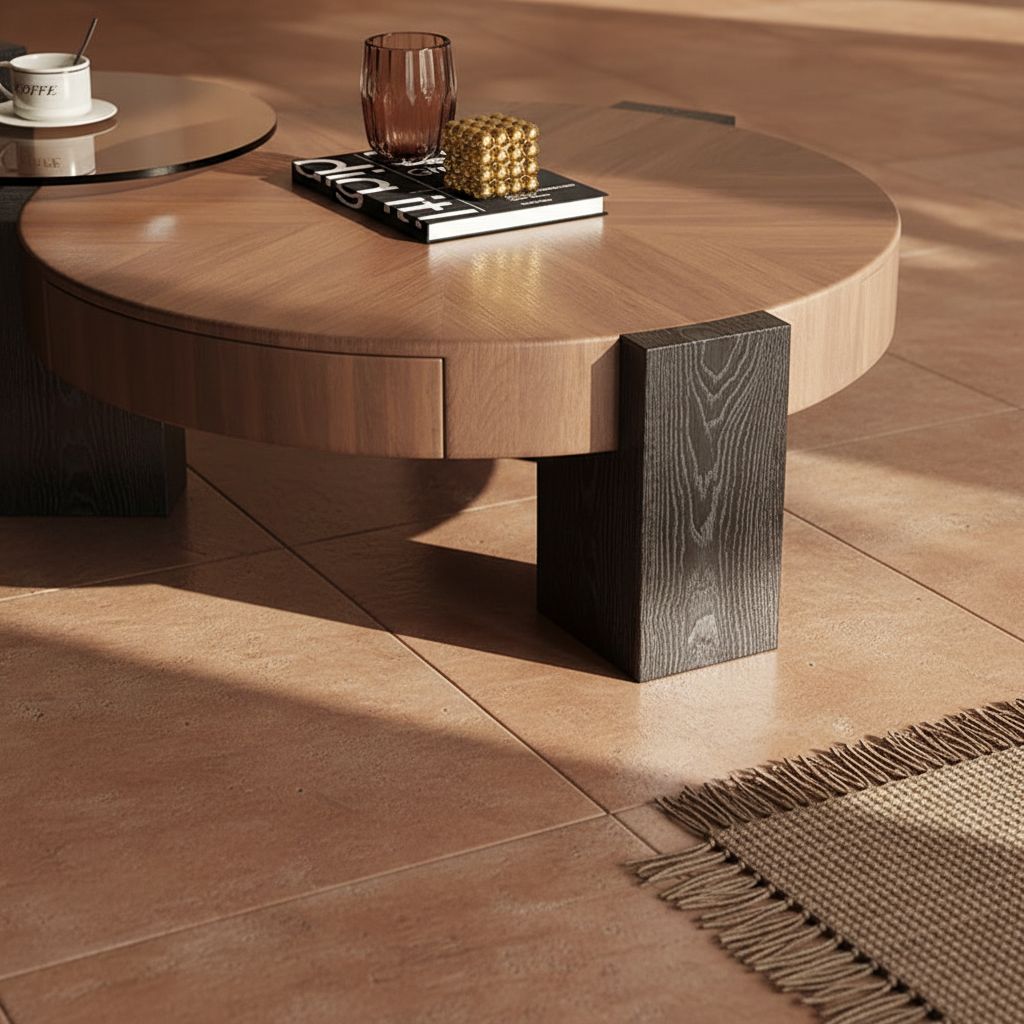 Orbit Coffee Table — detalle patas madera oscura