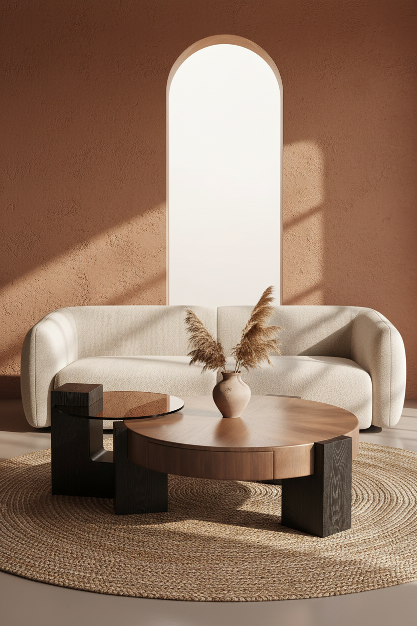 Wabi Table Oak & Smoked Glass — living room terracota