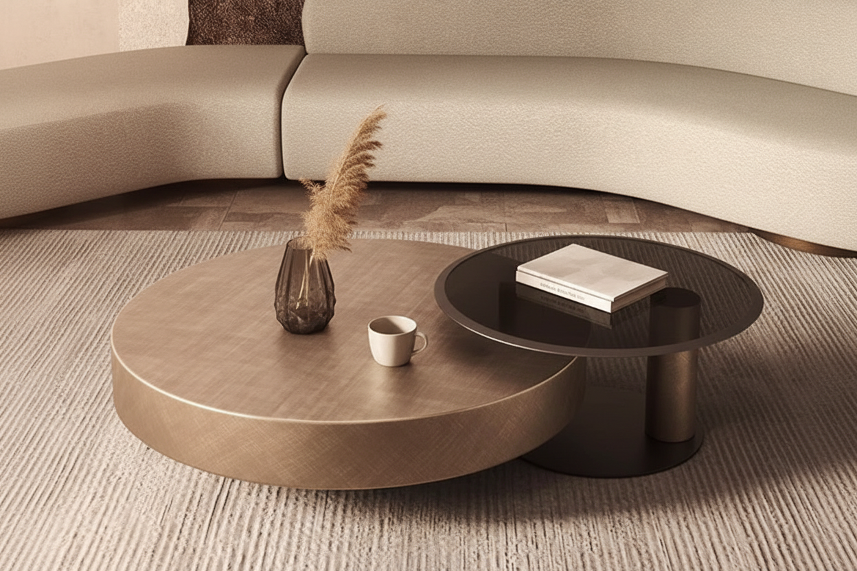 Vista cenital — styling minimal sobre bronce
