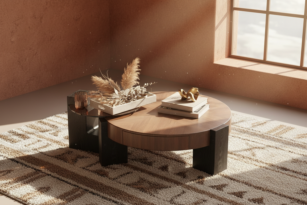 Wabi Table Oak & Smoked Glass — wide lifestyle